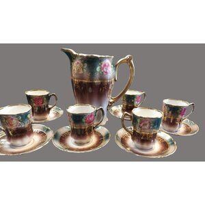 Antique Bavarian Porcelain Pitcher & 6 Cup/Saucer Set With Handpainted R02 B